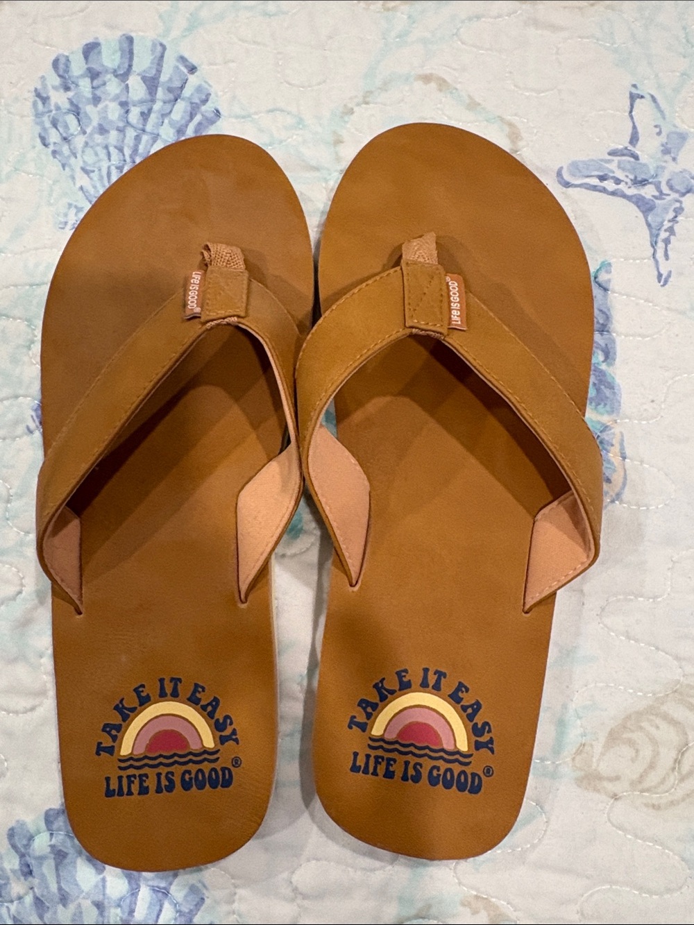 Life Is Good woman’s Brown 'Take It Easy' Flip Flops with Rainbow Logo